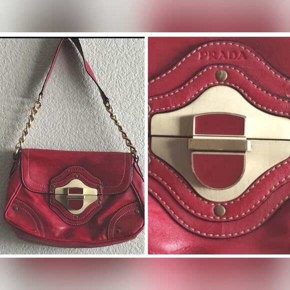 Vintage Red Faux Leather Gold Chain Strap Metal Clasp Hand-Bag Purse - Picture 1 of 16